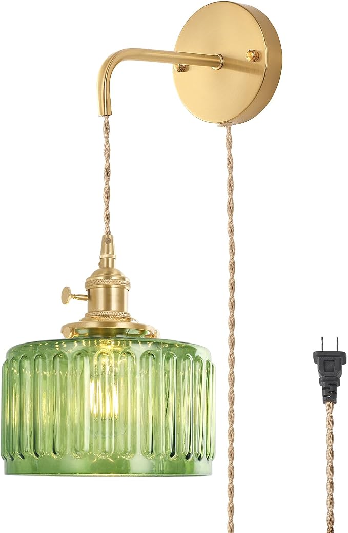 Shenmoyl Vintage Wall Sconce Wall Lamp with Green Striped Glass Shade Hanging Wall Sconce with 4.9FT Plug in Cord, Modern Wall Lamp Fixtures Decor for Bedside Bedroom Indoor Doorway