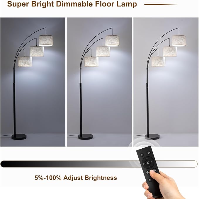 3 Light Arc Floor Lamp with Remote, Beige Shade Black Pole | 80" Dimmable Floor Lamp, 2400LM Super Bright, Independently Controlled 9W LED Energy-Saving Light Bulb, Memory Function