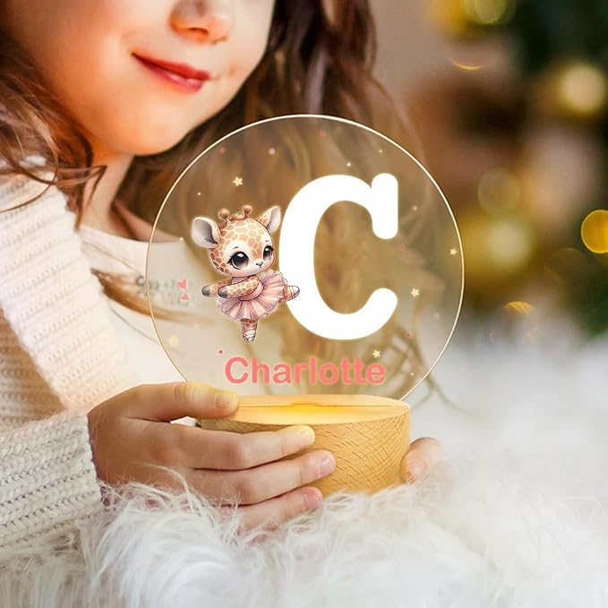 Personalized Ballet Cartoon Animal Night Light, Custom Name LED Light with Wooden Base Nursery Decor Gift for Kids