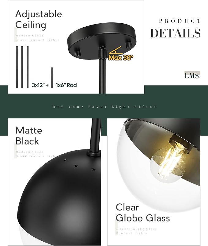 Modern Pendant Lights, Matte Black Kitchen Island Pendant Light Fixtures, Adjustable Hanging Rod Ceiling Light for Dining Room Bathroom Bedroom, LMS-186BKC