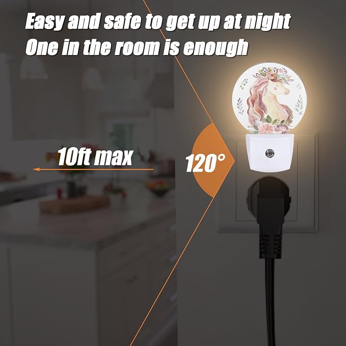 Cute Pink Horse Night Light, Groovy Flowers Nightlight Plug into Wall LED Lamp Auto Sensor Dusk to Dawn for Bedrooms/Kitchens/Toilets/Corridors,Energy-Saving