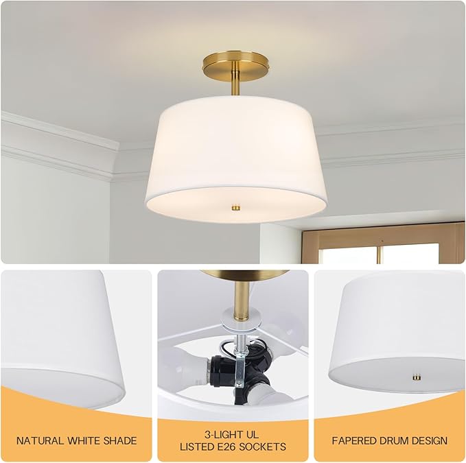 CALOKES Modern Cone-Shaped Semi Flush Mount Ceiling Light Fixture, 3-Light Drum Lamp with Gold Brass Finish and White Fabric Shade for Bedroom, Kitchen, Dining Room, Hallway, Entryway, and Foyer