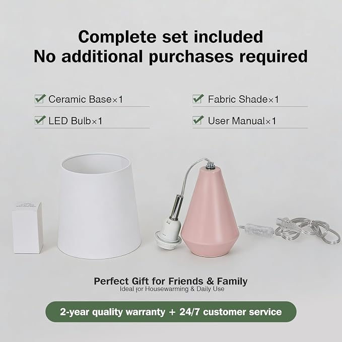 Small Bedside Table Lamp for Bedroom-Reading Desk Lamp Set of 2,with 3 Color Temperatures,15.5" Nightstand Ceramic Lamp with Fabric Shade for Kids Room,Living Room,Dorm,Home Office(Pink+White)