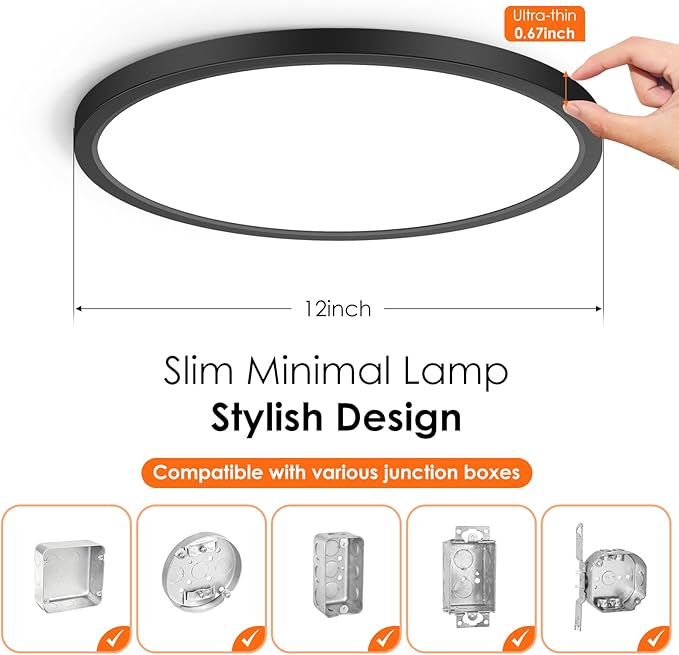 Brightever Black LED Flush Mount Ceiling Light Fixture, 5000K Daylight White, 12 Inch 3200LM Round LED Ceiling Lights, 28W Ultra Slim 0.67 Inch Dimmable Ceiling Lamp for Office, 8 Packs