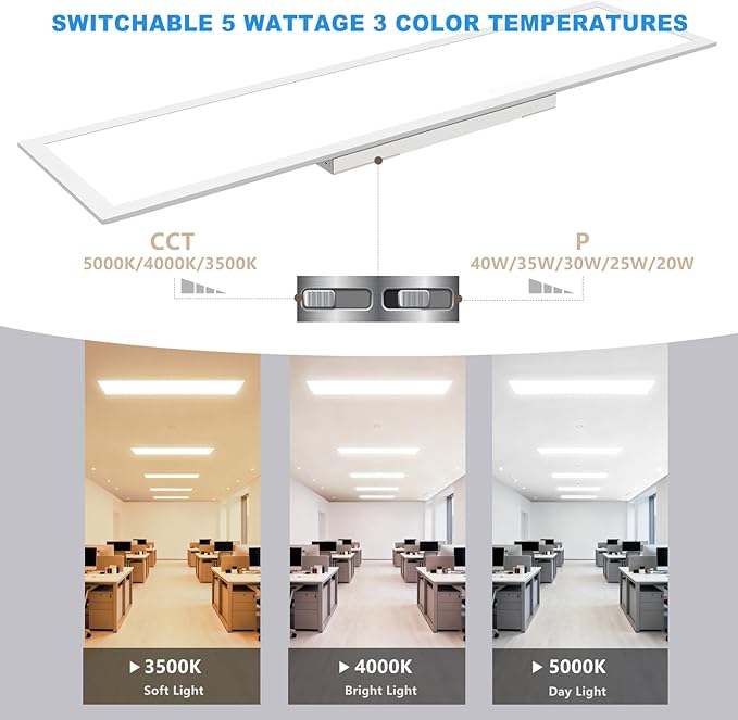 1x4 LED Panel Light 2Pack,5 Wattage 20W/25W/30W/35W/40W-Up to 6000Lumens,3 CCT Tunable 3500K/4000K/5000K,ETL&DLC Certified for Office Commercial Drop Ceiling