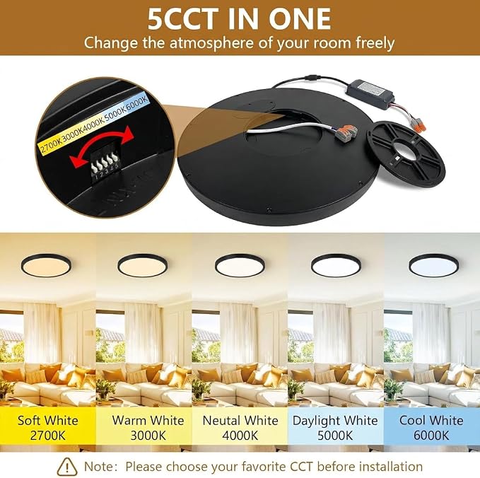 Dimmable 12Inch LED Flush Mount Ceiling Light, 24W, 2520LM, 2700K/3000K/4000K/5000K/6000K CCT Selectable,LED Round Flat Panel Light Dimmable from 5% to 100% for Bedroom,Kitchen,Hallway, Black 12PK
