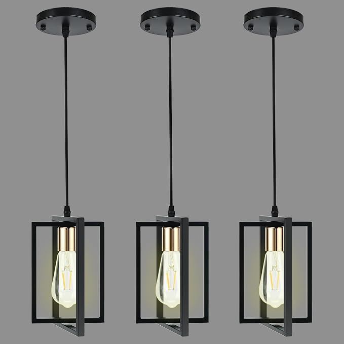 3 Pack Pendant Lights Kitchen Island Black Pendant Light with Metal Shades | Industrial Pendant Lights, Adjustable Cords for Flat or Sloped Ceilings, E26 Base, for Dining Room, Entryway, Restaurant