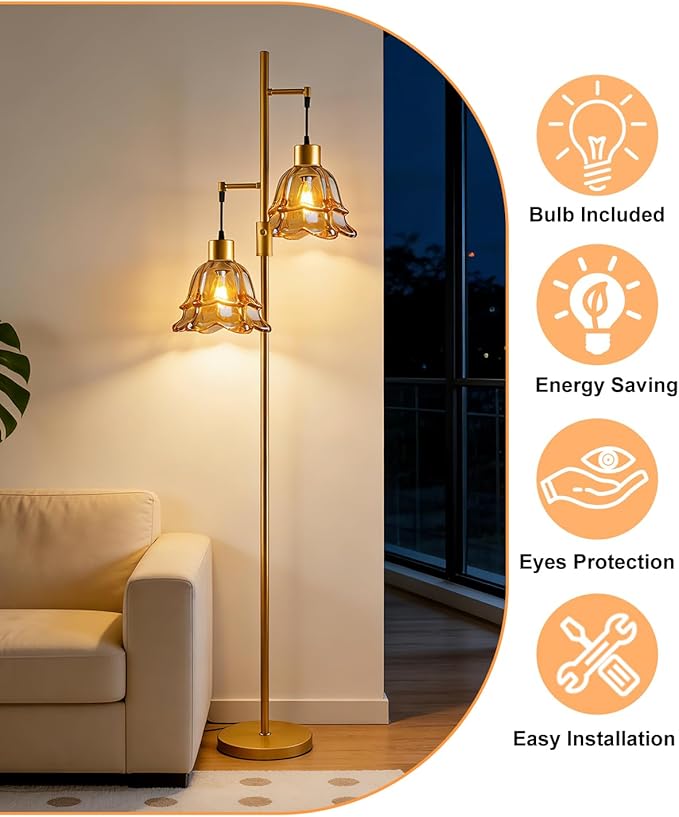 Lightdot 65IN Gold Flower Floor Lamp for Living Room, 2- Light Dimmable Floor Lamps with Brown Glass Lampshade, 3000K Warm White Modern Standing Tall Lamp for Bedroom Sofa Beside Corner Decor