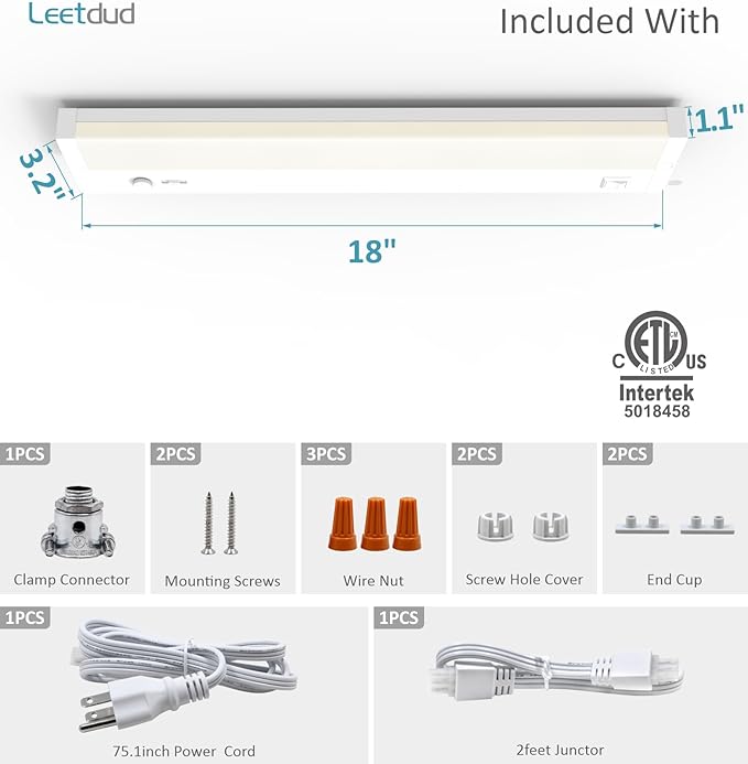 Under Cabinet Lighting Plug in or Hardwired Built-in Dimmer, 18 Inch 9W, 5CCT 2700/3000/3500/4000/5000K, Linkable Counter Lights for Kitchen, ETL Dimmable LED Light Fixture, White