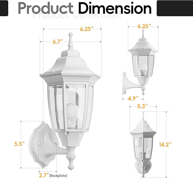 EMART Outdoor Front Porch Light, Exterior Anti-Corrosion, Waterproof Aluminum & Glass Shades Wall Lamp Fixture, Modern Sconce Lantern for Outside, House, Garage - 2 Pack, White （Bulb Included）