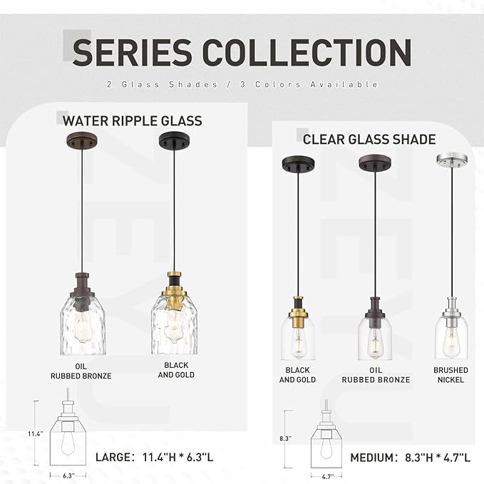 zeyu 1-Light Kitchen Hanging Light Fixture, Farmhouse Island Pendant Lighting, Water Ripple Glass Shade, Oil Rubbed Bronze Finish, ZG33M1L-L ORB-WG