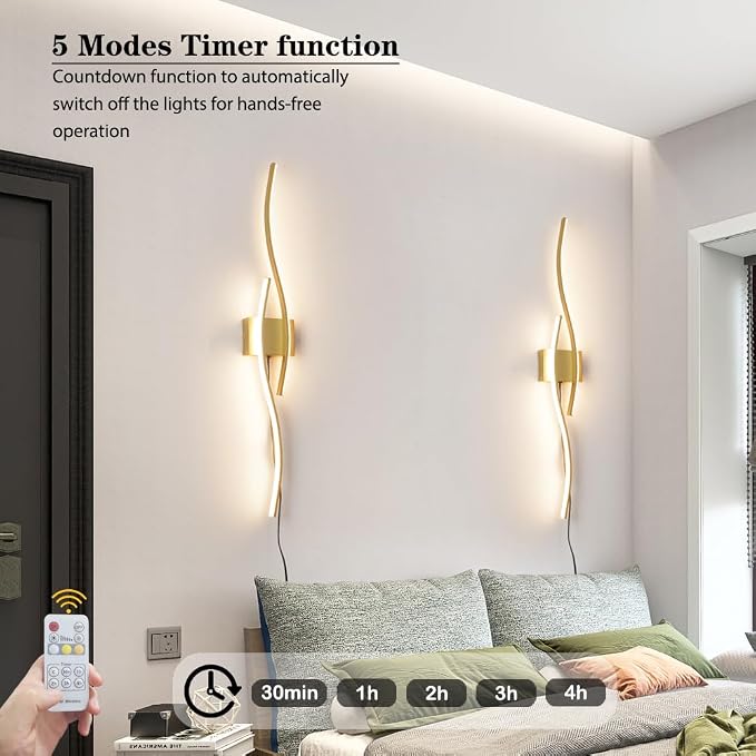 Daunton Modern Gold Plug in Wall Sconces Set of Two, RC Dimmable LED Plug in Wall Light, Wall Lamps with Plug in Cord for TV Wall Sconces, Gold Sconce Wall Lighting for Living Room, Hallway, Bedroom
