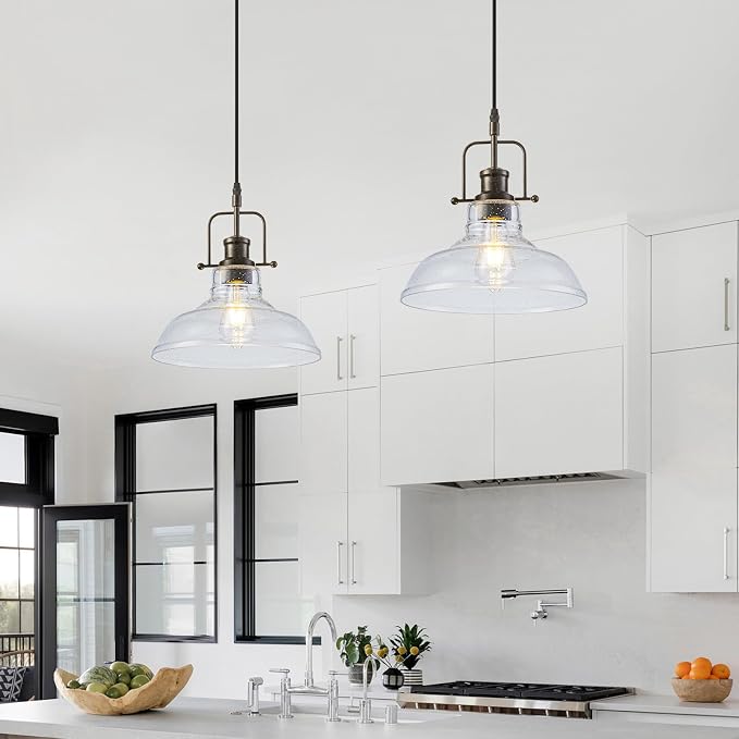 WILON Seeded Glass Modern Pendant Light for Kitchen, Rust | 11'' Seeded Glass Shade, Adjustable Height, E26 Ceramic Socket, 60W MAX, Farmhouse Style for Dining Room Kitchen Over Sink