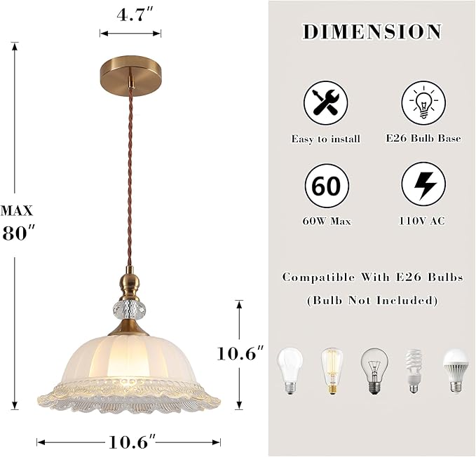 10.6" Milk Glass Vintage Pendant Light for Kitchen Island | Antique Brass Gold, Small Pendant Light, Adjustable Hanging Height Fixture, for Dining Room Hallway Bedroom