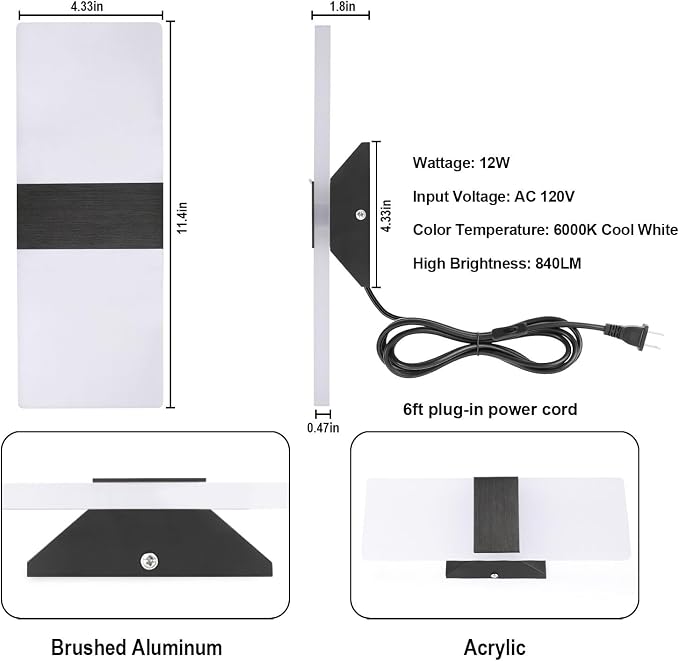 TRLIFE Modern Wall Sconce, Wall Sconce Plug in 12W LED 6000K Cool White Acrylic Wall Mounted Light Wall Lights with 6FT Plug in Cord and On/Off Switch on The Cord(1 Pack, Black)