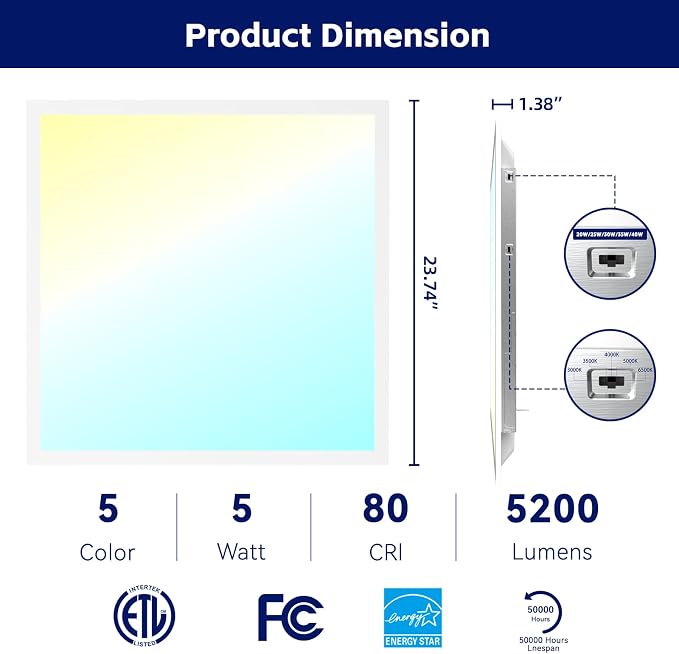 4Pack 2x2 LED Flat Panel Light 5CCT Selectable Drop Ceiling Fixture | Dimmable 3000K-6500K 20-40W Adjustable Recessed Back-Lit Fixture for Office, ETL Listed