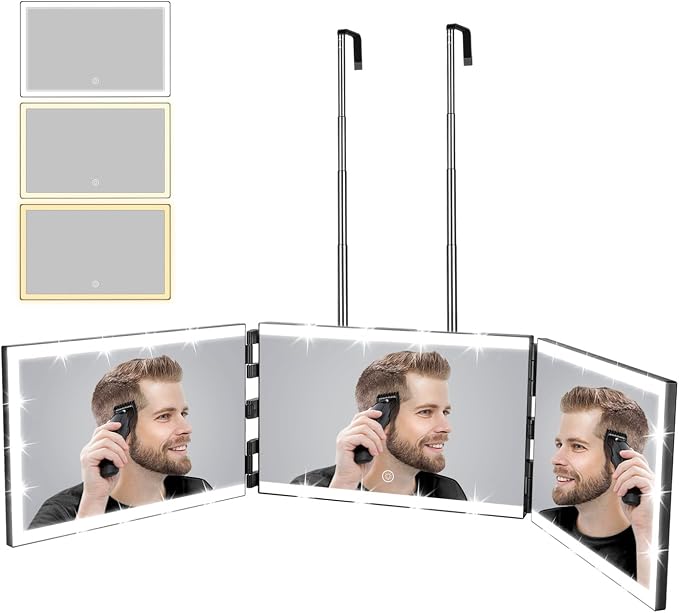 XIGETRAIL Rechargeable 3 Way Mirror for Hair Cutting with 8 Light Strips | Trifold Barber Mirror with Telescoping Hooks for Makeup, Shaving, Braiding and Styling
