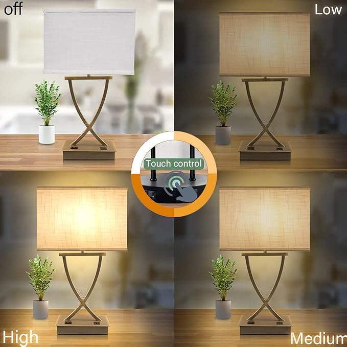 OYedis 3-Way Dimmable Touch Control Medium Table Lamp with Type C/USB Charging Port and 1 AC Outlet White Shade 21.38" Bedside Nightstand Lamp for Bedroom Living Room Office and Hotel Bulb Included