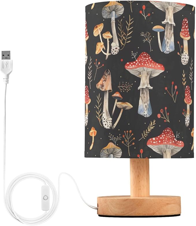Watercolor Red Mushroom Black Table Lamp for Bedroom USB Port Lamps Small Accent Table Lamp Nightstand Lamp Sturdy Linen Shade Wooden Base Decorative Lamps for Bedside Reading|Kids|Dorm|Home