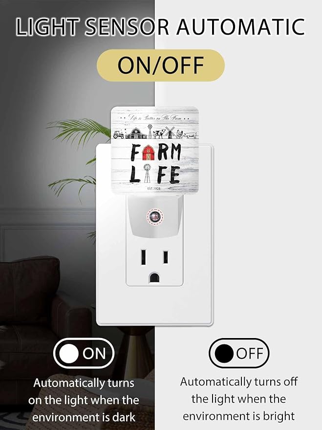 Vintage Night Lights Plug into Wall LED Night Light Farmhouse Chicken Pig Barn Wood Grain Automatic Dimmable Dusk-to-Dawn Square Shaped Smart Nightlight for Bathroom/Bedroom