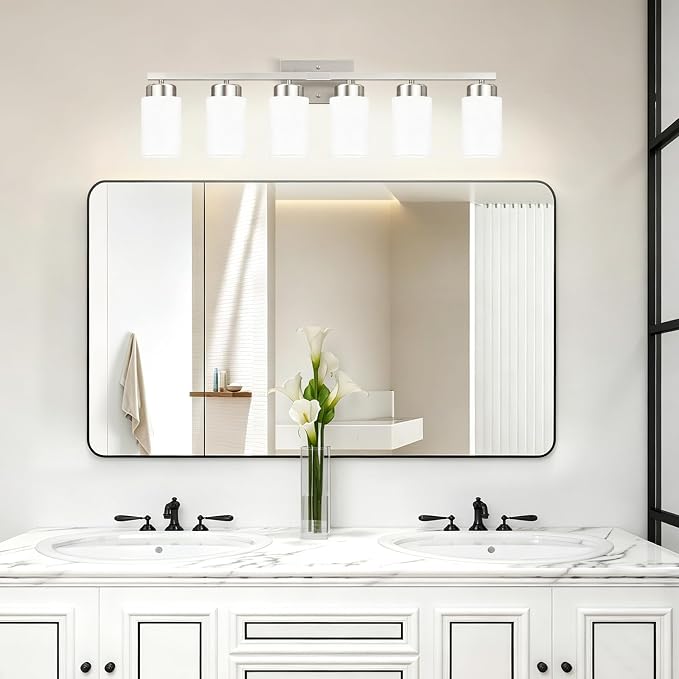 IZORRO Modern Bathroom Light Fixtures, 6 Light Brushed Nickel Vanity Lights, Bathroom Lighting Fixtures Over Mirror with White Glass for Living Room Cabinet Bedroom