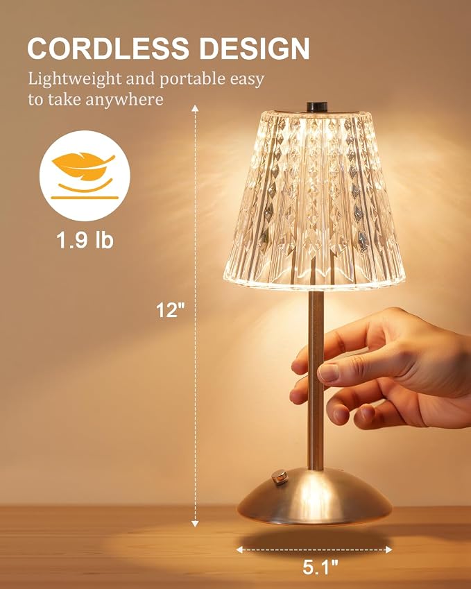 Nusogon Cordless Touch Table Lamp, LED Rechargeable Small Dask Lamp | 3 Colors Dimmable Silver Battery Operated Crystal Lamp for Bedroom Restaurant Kitchen Home Decor