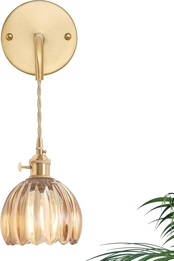 Vintage Wall Sconce Wall Lamp Amber Tulip Shade Pattern Glass Adjustable Chain Retro Gold Wall Mounted Light, Wall Lamp Fixtures Decor for Bedside Bedroom Indoor Doorway