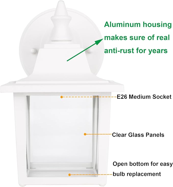 Outdoor Wall Light Fixture, Rustproof Aluminum, Glass | Exterior Porch Light Wall Sconce Lantern for House, Patio, Garage, Waterproof, E26 Socket 60W Max, White, 1 Pack