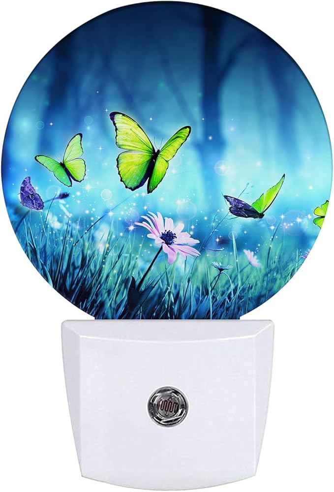 Butterfly Night Light Misty Forest Night Lights LED Lamp Round Plug into Wall Nightlight with Dusk to Dawn Sensor Home Hallway Stairway Kitchen Decor