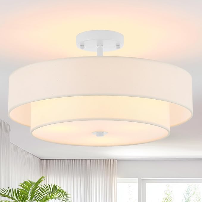 18" White Semi Flush Mount Ceiling Light, Linen 3-Light Fixture | White Linen Double Drum Shade, Modern Style For Bedroom,Hallway, Kitchen And Laundry; Close-To-Ceiling, E26, Easy Install