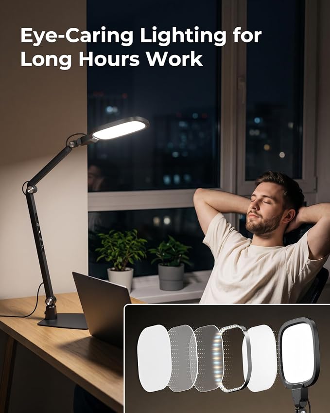 Led Desk Lamp for Office Home, Reading, Crafts & Zoom Swing Arm Task Lights | 1200lm Eye-Caring Light for Computer Monitor, Dimmable 5 Color & Brightness, 30/60 Min Timer, Memory Function, Touch & Remote