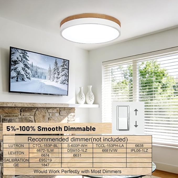 11.8 inch Wood Led Flush Mount Ceiling Light, Dimmable, 5CCT 3000K-6000K Selectable, 36W, 3600LM, Round Modern White Light Fixture Ceiling Mount for Bedroom, Laundry Room,Kitchen, Hallway, White