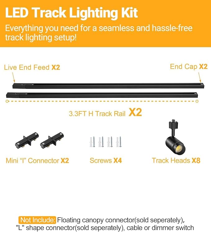 Zoomable 8 Lights LED Track Lighting Kit with 6.6FT H Type Track Lighting Rails, Dimmable Black Track Lighting Fixtures Ceiling Modern Kitchen Spot Track Light Heads 3000K CRI90+ 12W 1000lm