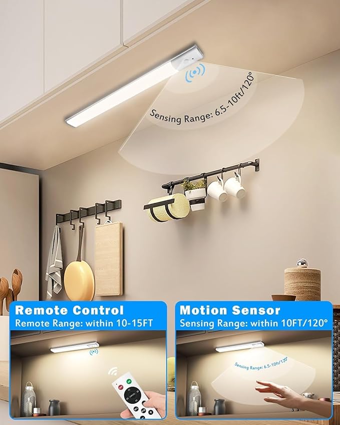 Under Cabinet Lighting with Remote, 64 LEDs Motion Sensor Light Indoor Closet Lights, 3 Color Temps Wireless Rechargeable Dimmable LED Night Light for Shelf, Pantry, Stair, 3 Pack