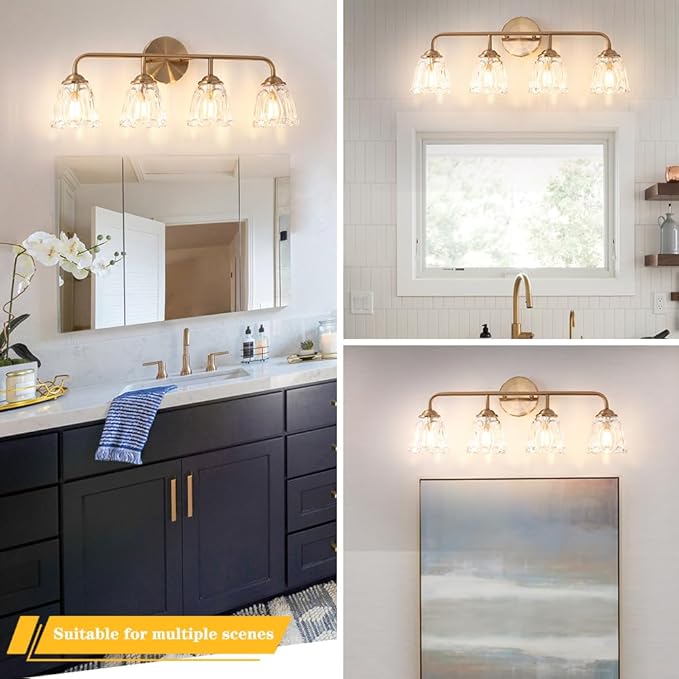 Vintage Bathroom Vanity Light, Brown Bronze Vanity Lighting, 4-Light Bathroom Lighting Fixtures Over Mirror, Elegant Flower Glass Light with Clear Shade, Gold Wall Sconce Lighting for Bedroom