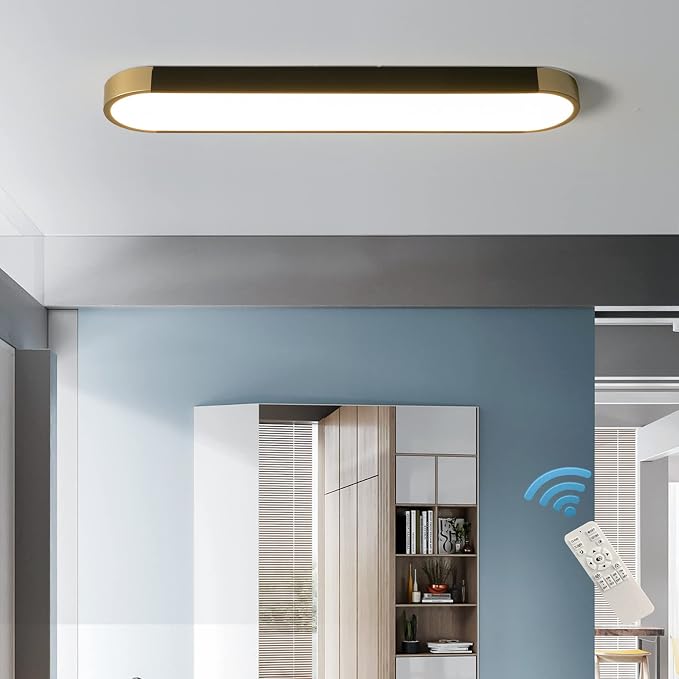 Tioolo Modern Ceiling Light, Dimmable LED Ceiling Light with Remote, 27.5in | Linear Flush Mount Ceiling Light, Black Gold Ceiling Light Fixture, 3000K-6500K, Memory, 36W for Kitchen, Hallway, Closet