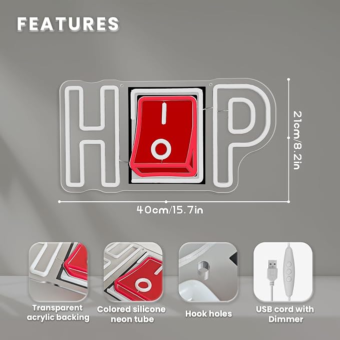 Hip Hop Neon Sign, Hip-hop LED Sign for Wall Decor, USB Powered Adjustable Brightness Hiphop LED Light for Bedroom Bar Club Pub Studio Party Decor, Light Up Business Store Sign Unique Gift