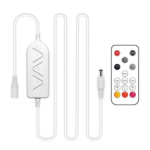 1-Way DC 12-24V Led Strip Light Dimmer Switch for Single Color with DC Plug,15-Key Wireless RF Remote and in-line Controller for 3528/2835/5050/COB LED Strip Lights, Timer Function