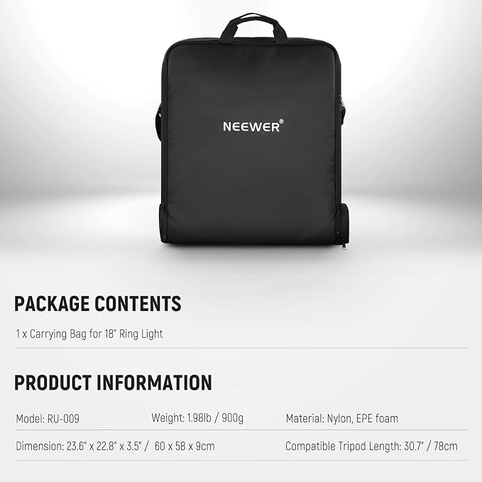 NEEWER 18" Ring Light Carrying Bag with Separate Storage Bag Expandable for 30.7"/78cm Folded Light Stand Tripod, 23.6"x22.8"/60x58cm Lightweight Nylon Protective Bag for Ring Light with Stand, RU-009