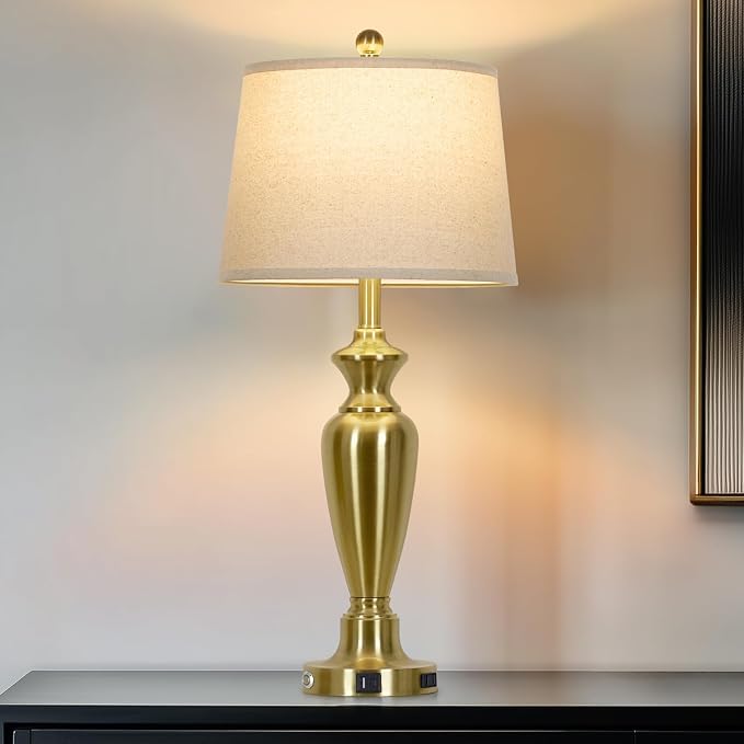 Cinyirong 30" Tall Gold Table Lamp for Living Room, 3-Way Dimmable Touch Control Bedside Lamp for Bedroom Nightstand with USB A+C Ports & AC Outlet (1 Pack)