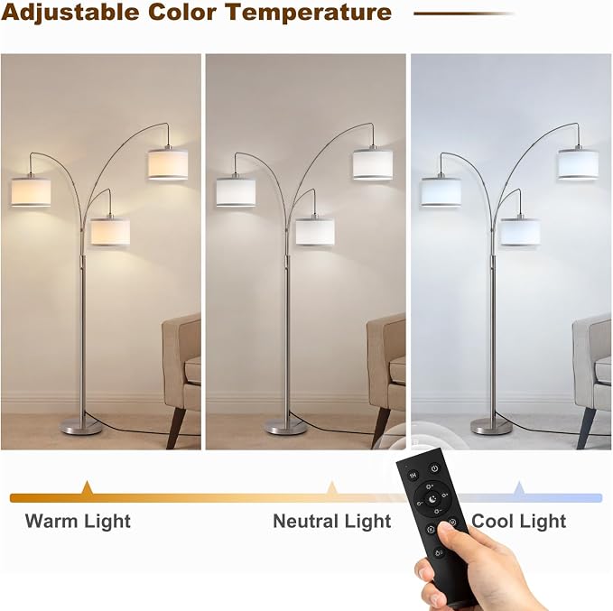 Floor Lamps for Living Room, 2400LM Super Bright Arc Floor Lamp with Remote Control, 3 Light Tall Floor Lights with Stepless Dimmable, 80" Mid Century Tree Floor Lamp for Bedroom, Office