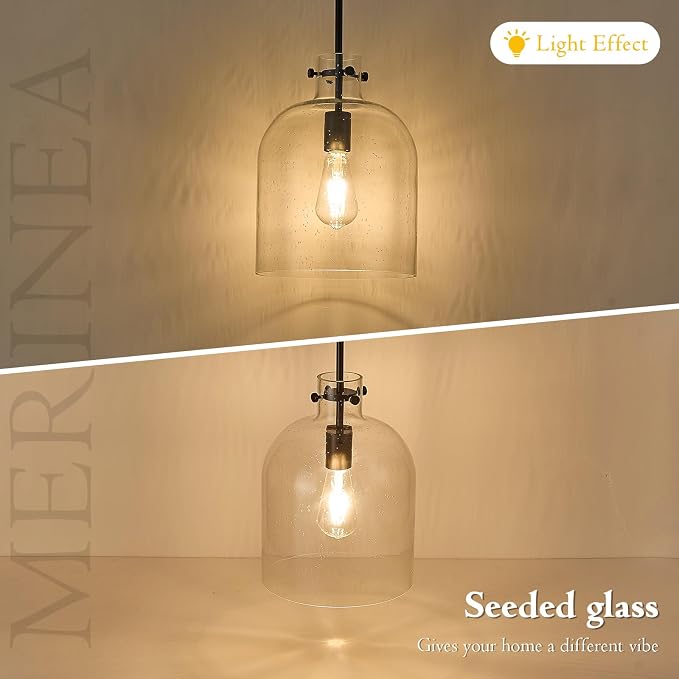 Farmhouse Black Pendant Light – 10" Seeded Glass Dome Hanging Lighting, Hand-Blown Bubble Glass Shade, 1-Light E26 Pendant Lights for Kitchen Island, Dining Room, Hallway