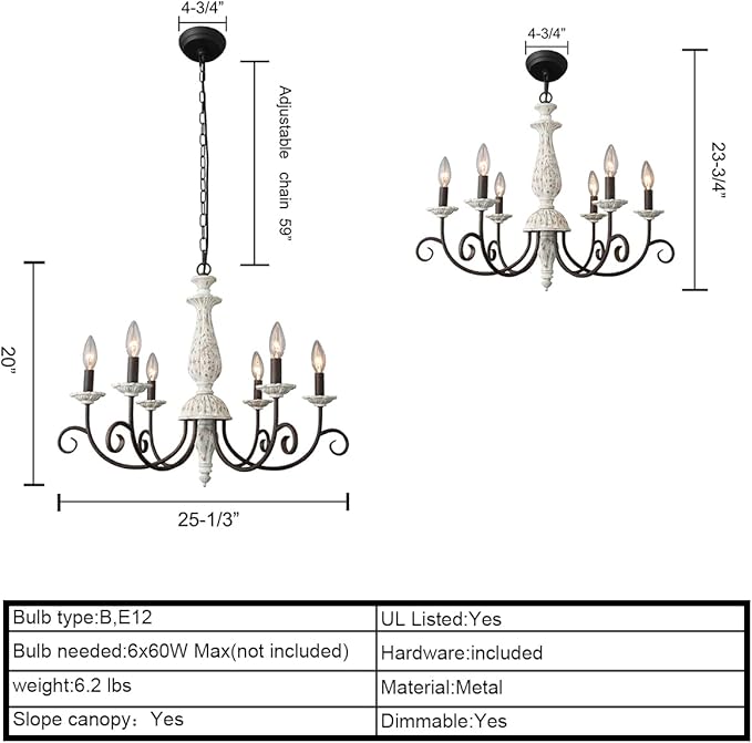 French Country Chandelier,6 Lights Farmhouse Chandelier Dining Room Distressed White Wood Chandeliers with Black Metal Arm,Rustic Candle Ceiling Chandelier for Living Room Bedroom