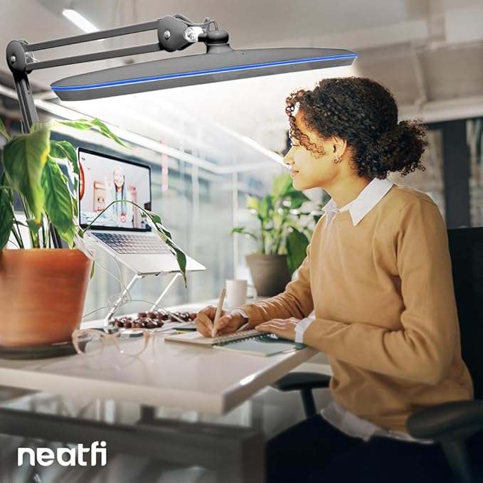 Neatfi XL 2,200 Lumens 20W LED Task Lamp – 23” Ultra-Wide Head | 182 SMD LEDs | 4 Brightness Levels | 3 Light Modes | Eye-Caring, Glare-Free | Adjustable Arm (CCT with Clamp, Silver)