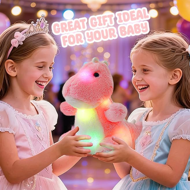 Glow Guards 12'' Light up Dinosaur Stuffed Animal, LED Soft Dinosaur Plush Toy with Magic Night Lights, Birthday Children's Day for Toddler Kids (Pink, LED)