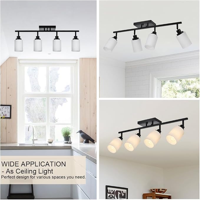 Adjustable Ceiling Spotlight in Black, 4-Lights Kitchen Island Light Fixtures Ceiling Wall Mount, Track Lighting Kit with Opal White Glass Hallway Dining Room