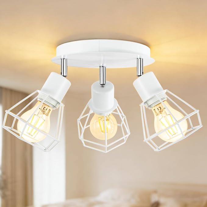 HiBay 3-Light Ceiling Track Lighting Fxiture White, Modern Spotlight, E26 | Rotatable 3 heads with farmhouse metal cage shade for kitchen bedroom dining room, bulb not included