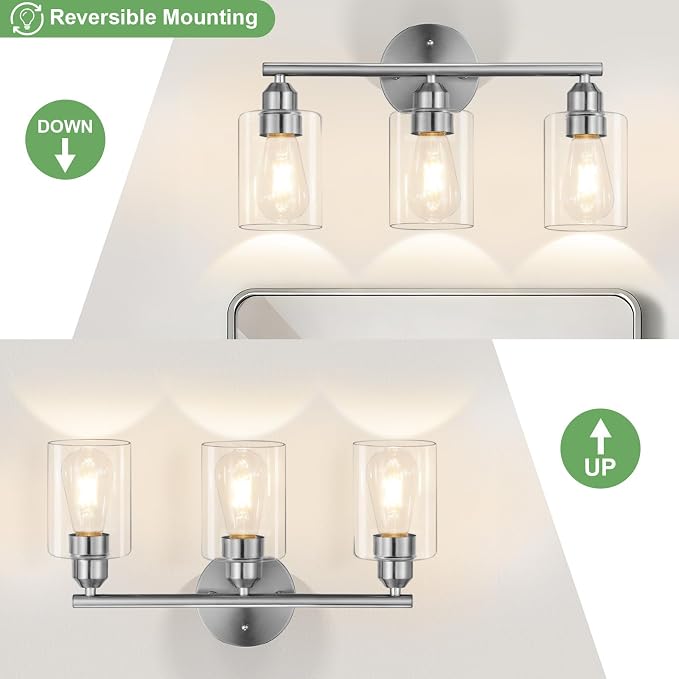 3-Light Bathroom Vanity Light Fixture,Silver,17.3" | Modern Wall Lamp for Mirror, Clear Glass Shade