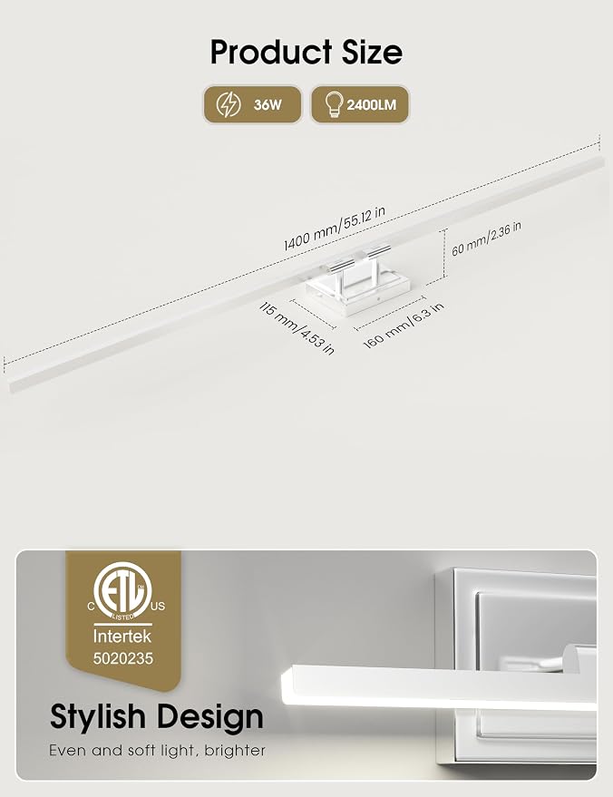 VOLISUN Modern Bathroom Vanity Light 55 inch, Rotatable, 36W Dimmable 5CCT Led Bathroom Light Fixture Over Mirror, Chrome Vanity Light for Bathroom Mirror Cabinets-ETL Certificated