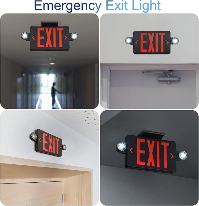 GZRUIYANG Black Housing Exit Sign With Emergency Lights Red, LED Exit Light With Battery Backup, UL 924 Certified, AC 120/277V, Commercial Lights Combo for Business - 4 Pack